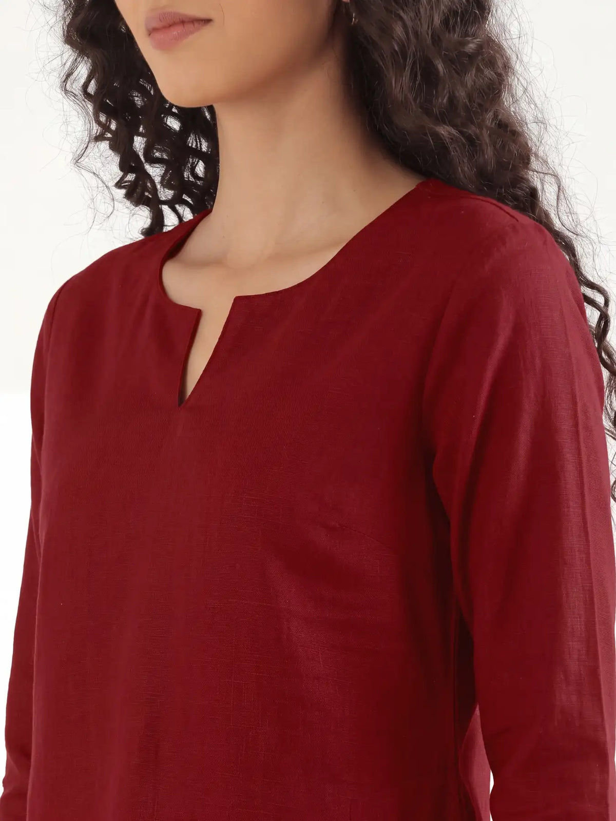 Women Maroon Airy Linen Mid Thigh Length Kurta
