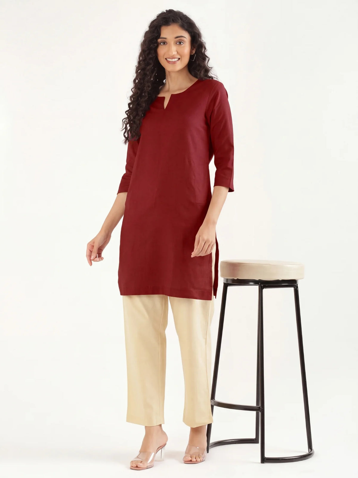 Women Maroon Airy Linen Mid Thigh Length Kurta