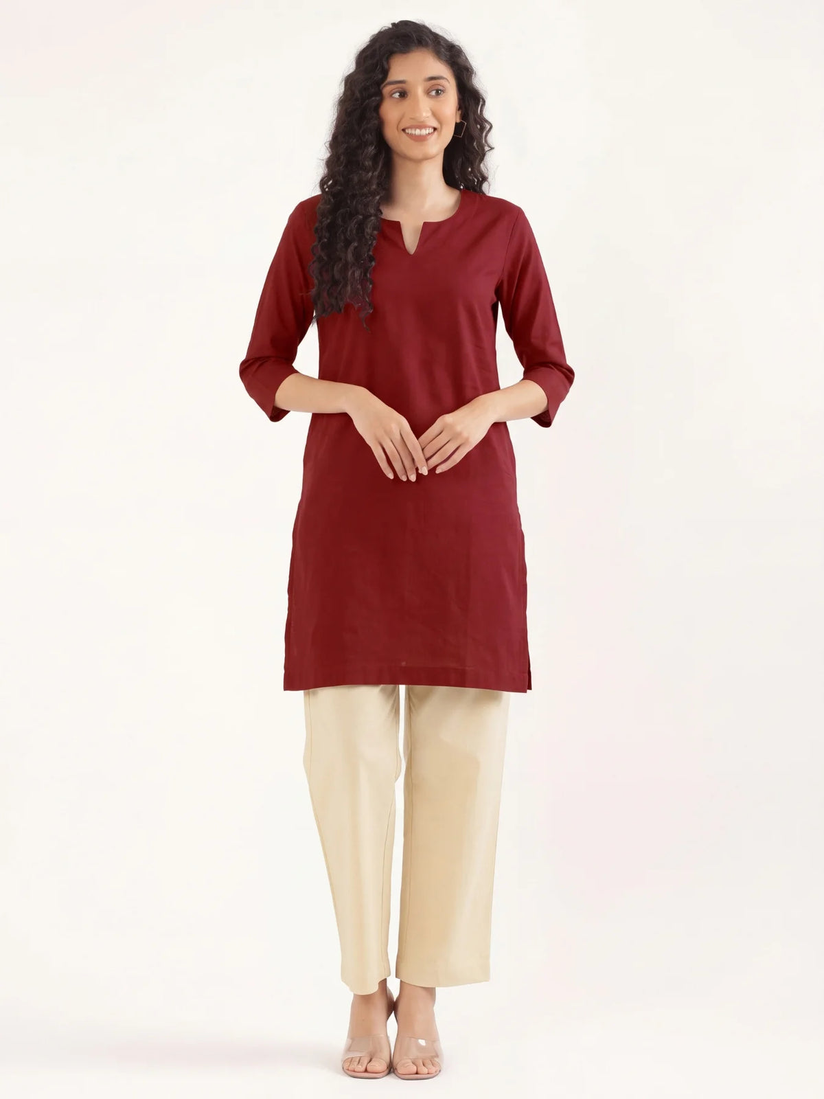 Women Maroon Airy Linen Mid Thigh Length Kurta