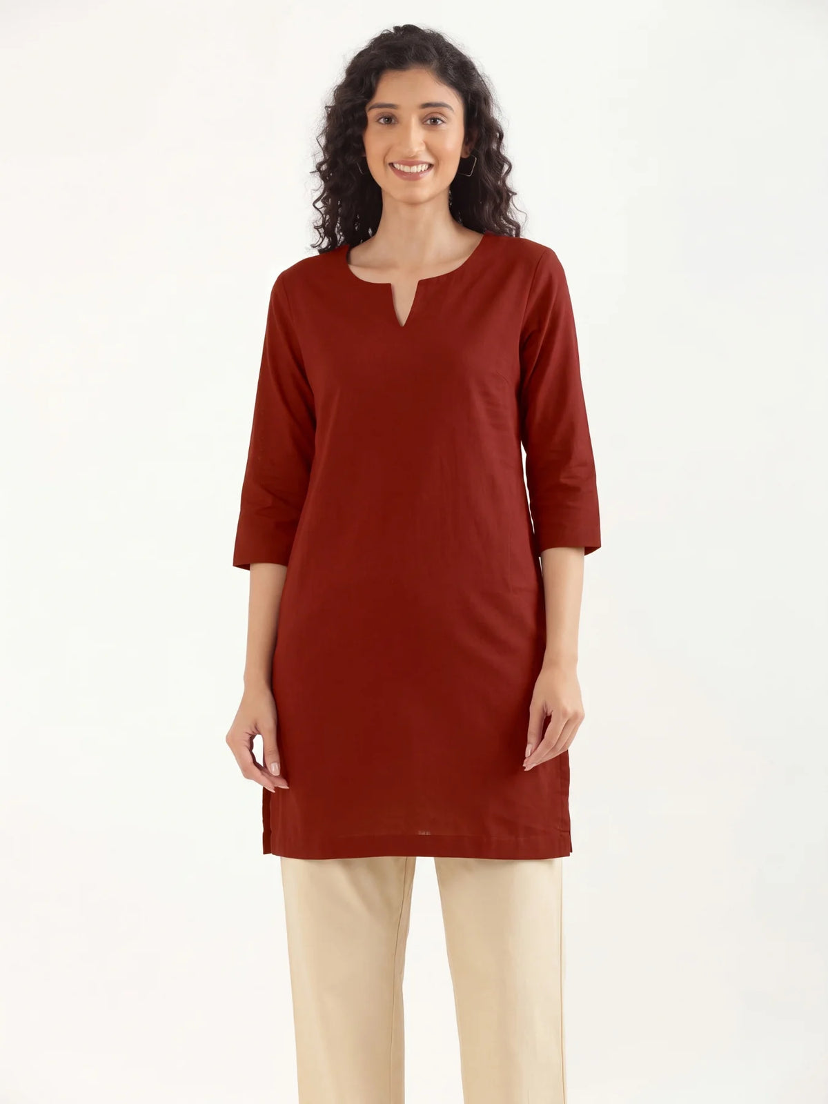 Women Maroon Airy Linen Mid Thigh Length Kurta