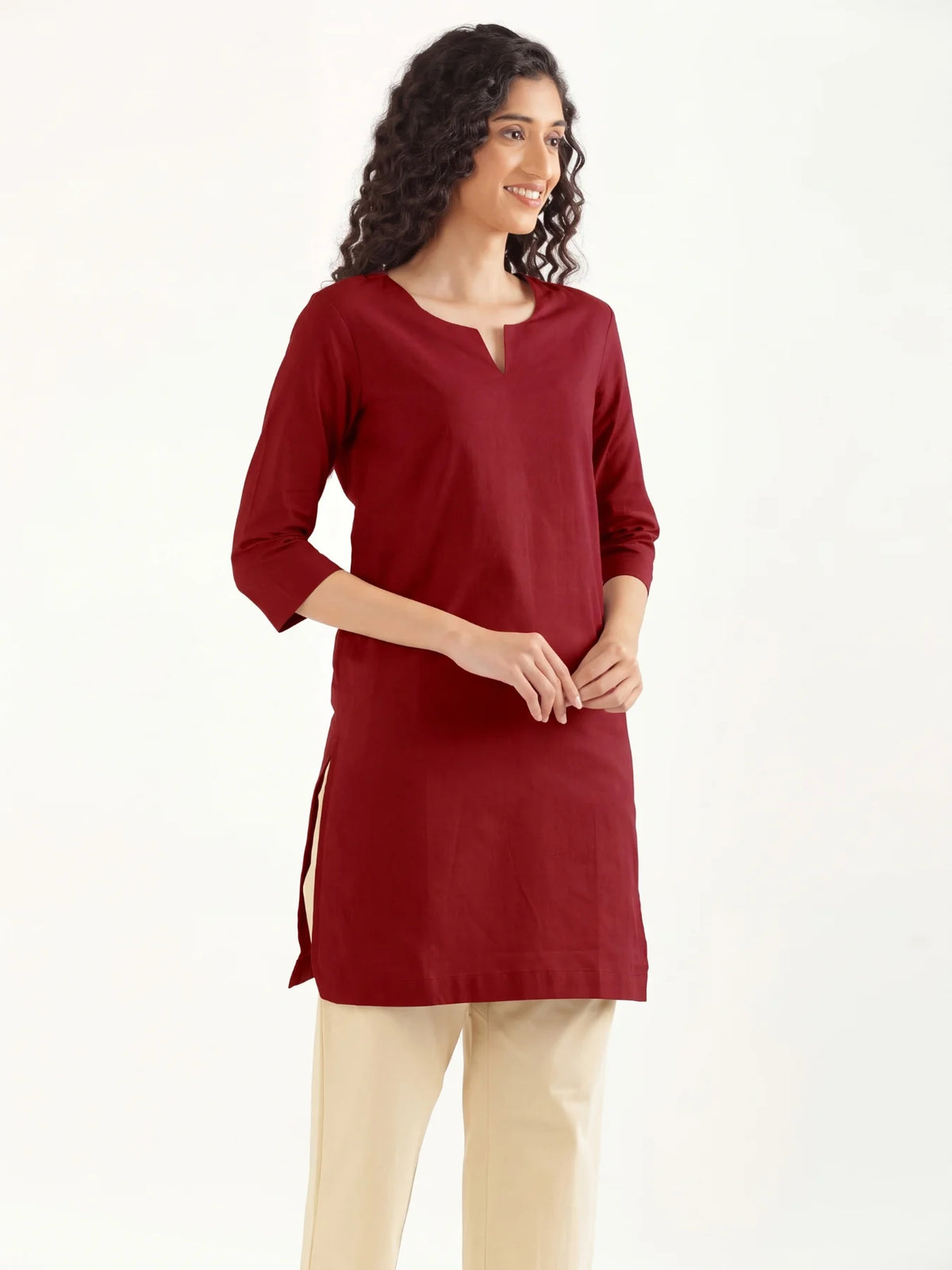 Women Maroon Airy Linen Mid Thigh Length Kurta