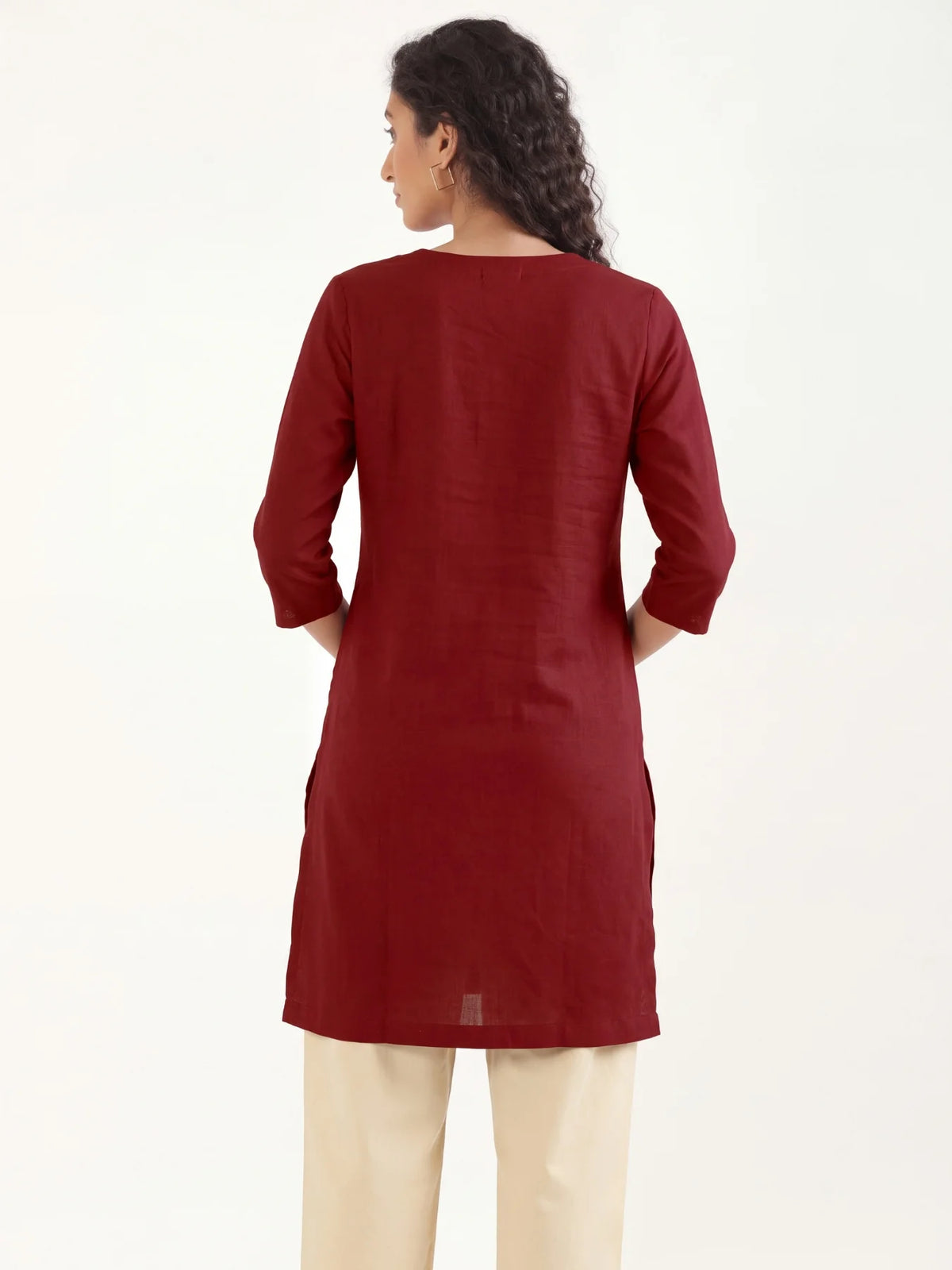 Women Maroon Airy Linen Mid Thigh Length Kurta