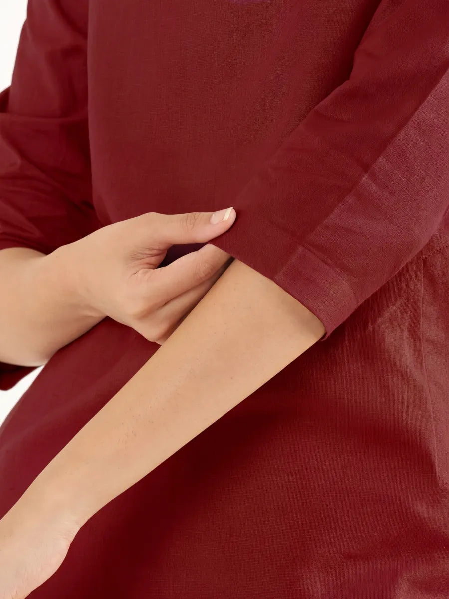 Women Maroon Airy Linen Mid Thigh Length Kurta