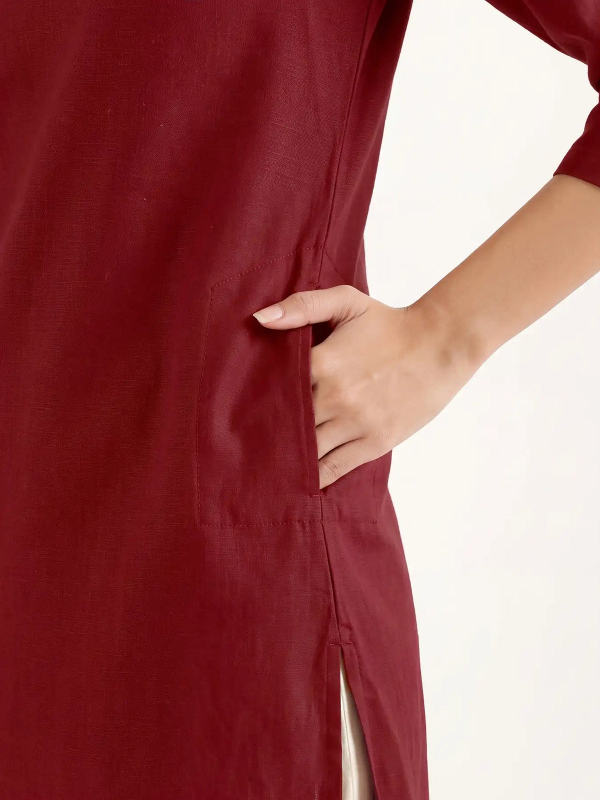 Women Maroon Airy Linen Mid Thigh Length Kurta