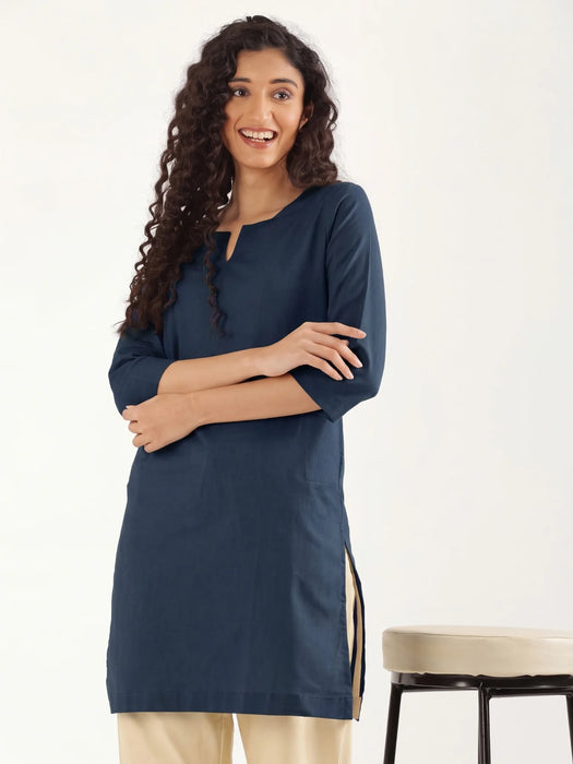Women Navy Blue Airy Linen Mid Thigh Length Kurta