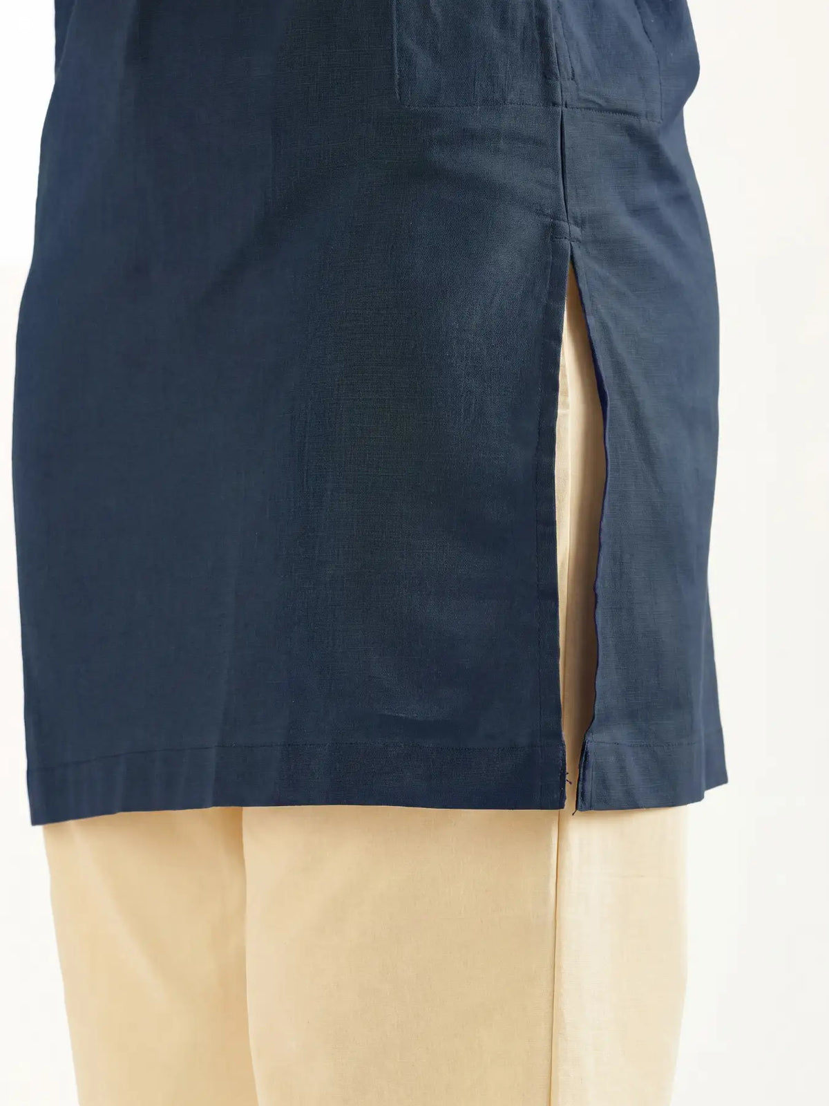 Women Navy Blue Airy Linen Mid Thigh Length Kurta