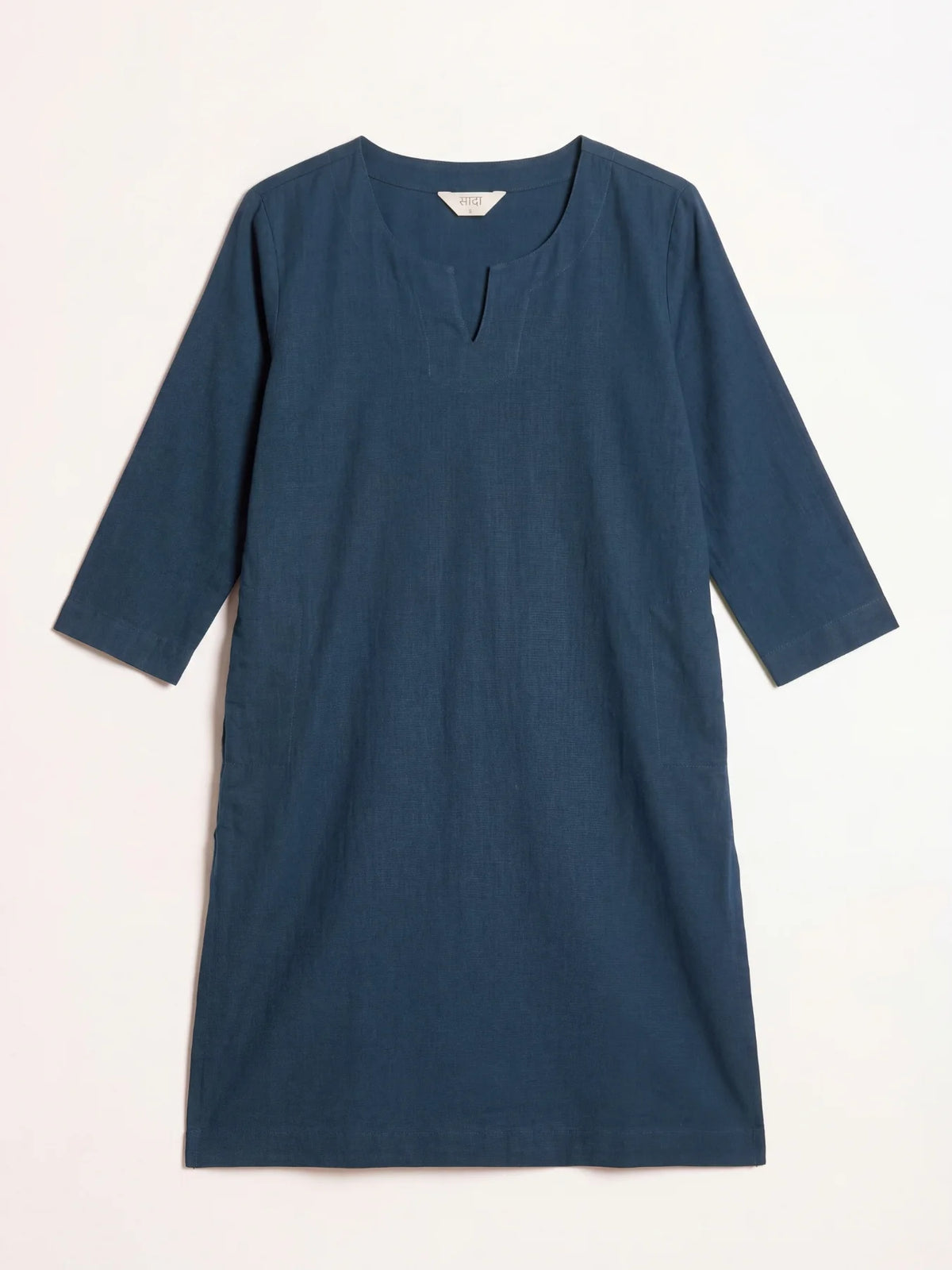 Women Navy Blue Airy Linen Mid Thigh Length Kurta