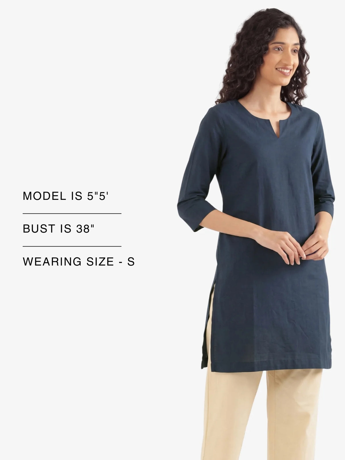 Women Navy Blue Airy Linen Mid Thigh Length Kurta