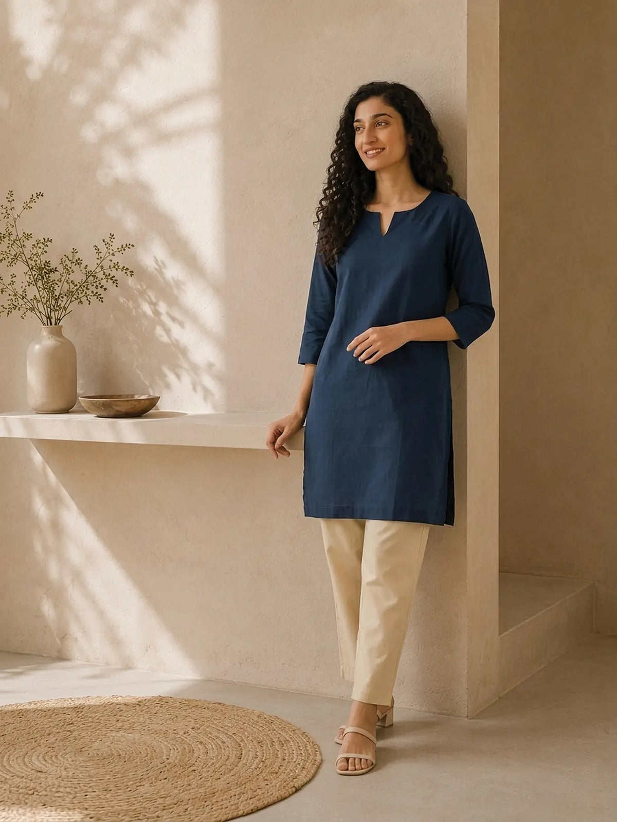 Women Navy Blue Airy Linen Mid Thigh Length Kurta