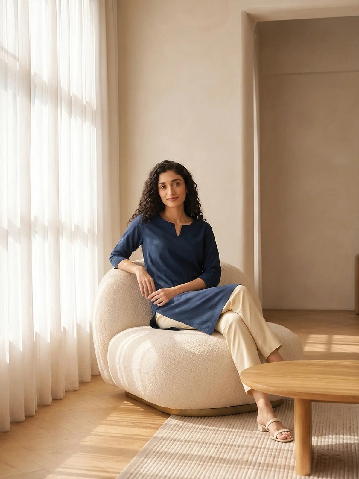 Women Navy Blue Airy Linen Mid Thigh Length Kurta