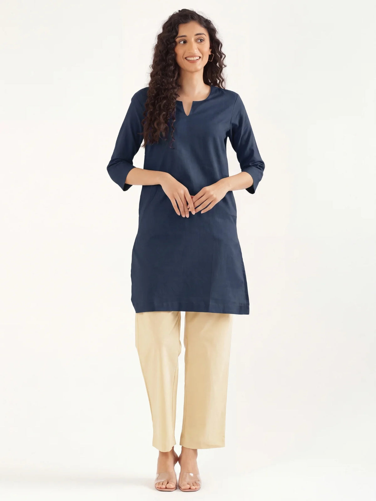 Women Navy Blue Airy Linen Mid Thigh Length Kurta