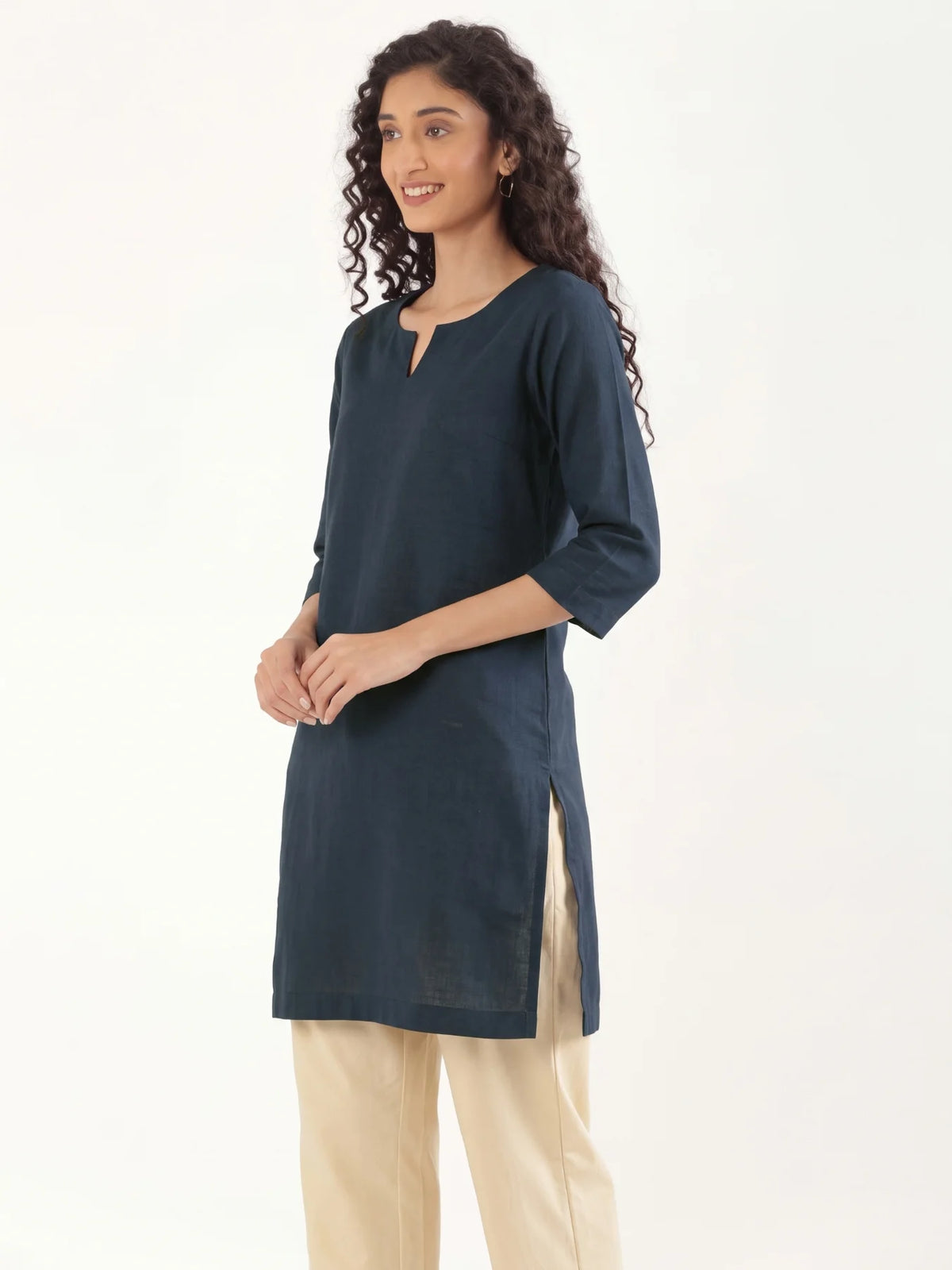 Women Navy Blue Airy Linen Mid Thigh Length Kurta