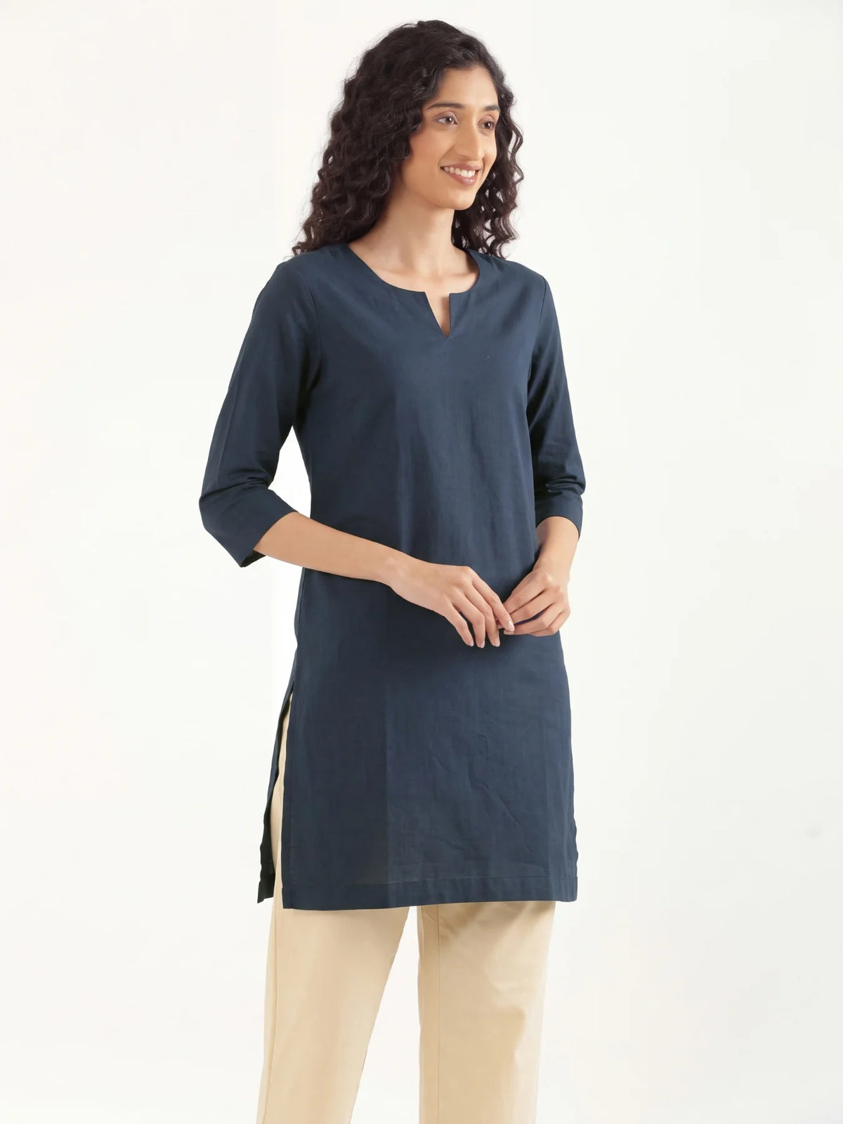 Women Navy Blue Airy Linen Mid Thigh Length Kurta