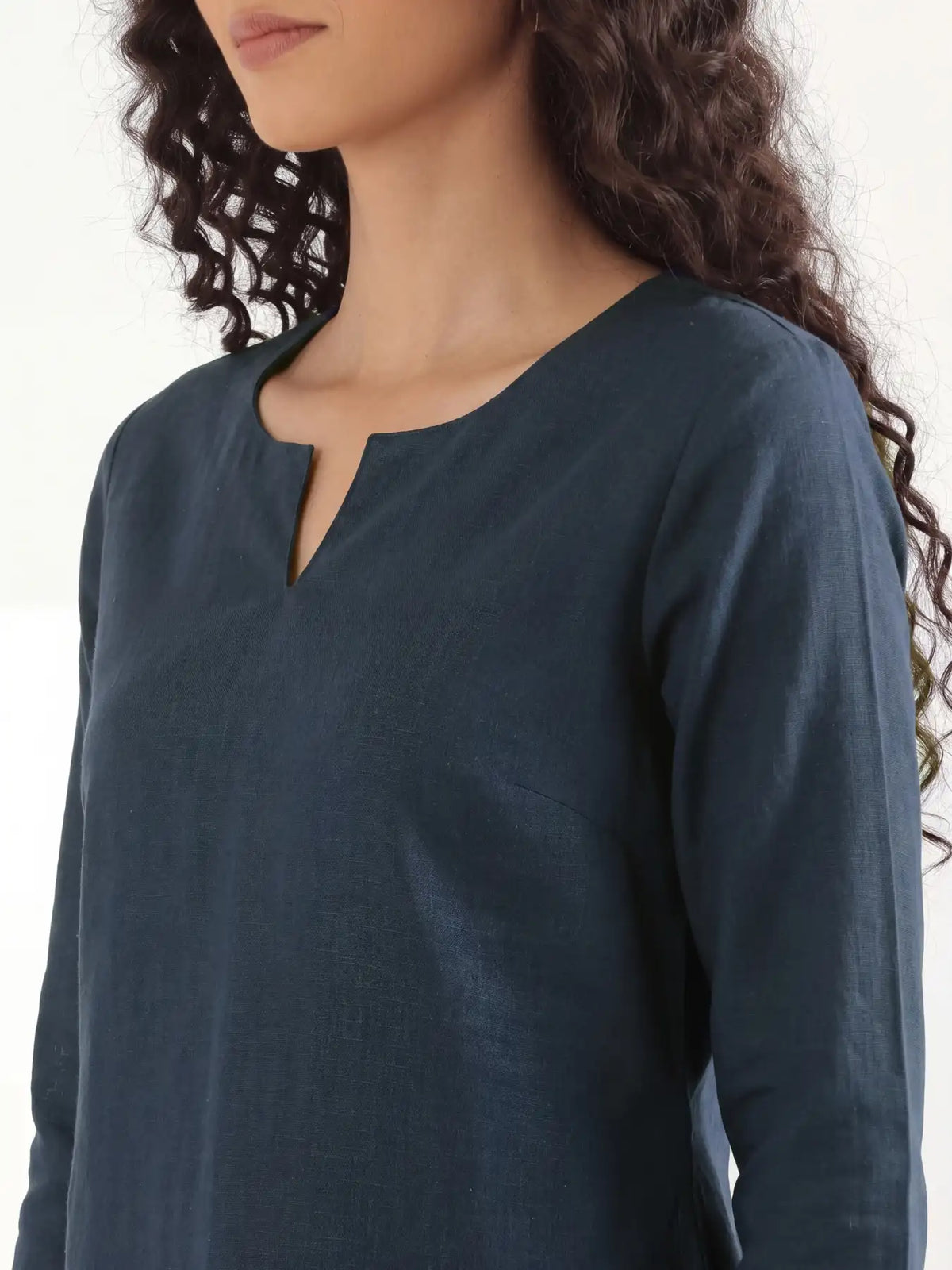 Women Navy Blue Airy Linen Mid Thigh Length Kurta