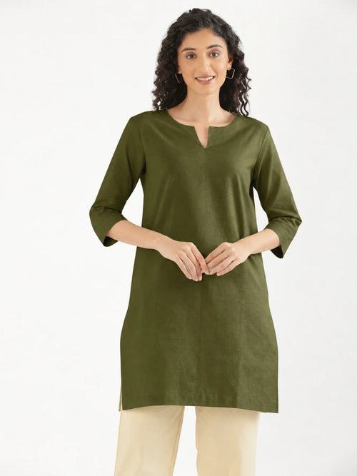Women Olive Green Airy Linen Mid Thigh Length Kurta