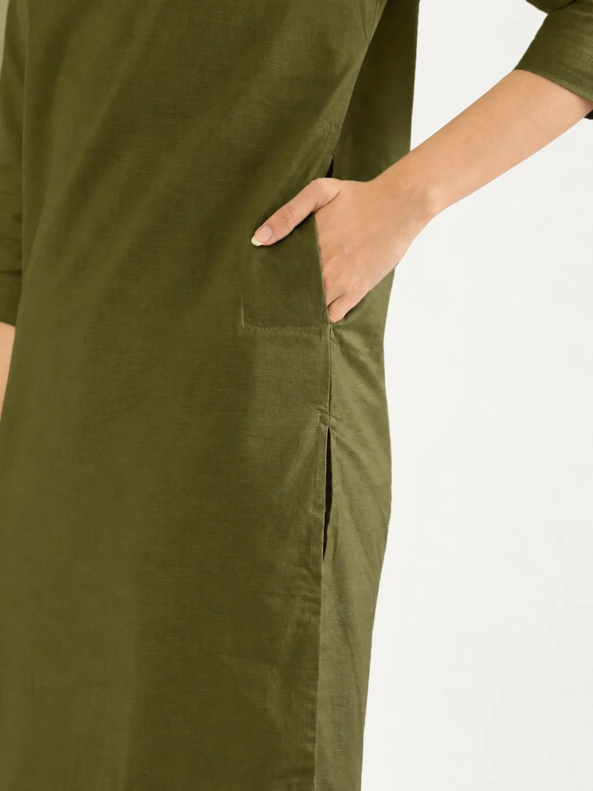 Women Olive Green Airy Linen Mid Thigh Length Kurta