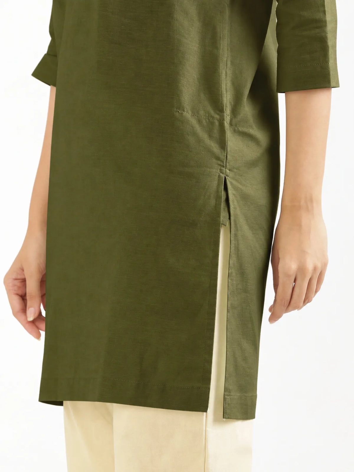 Women Olive Green Airy Linen Mid Thigh Length Kurta