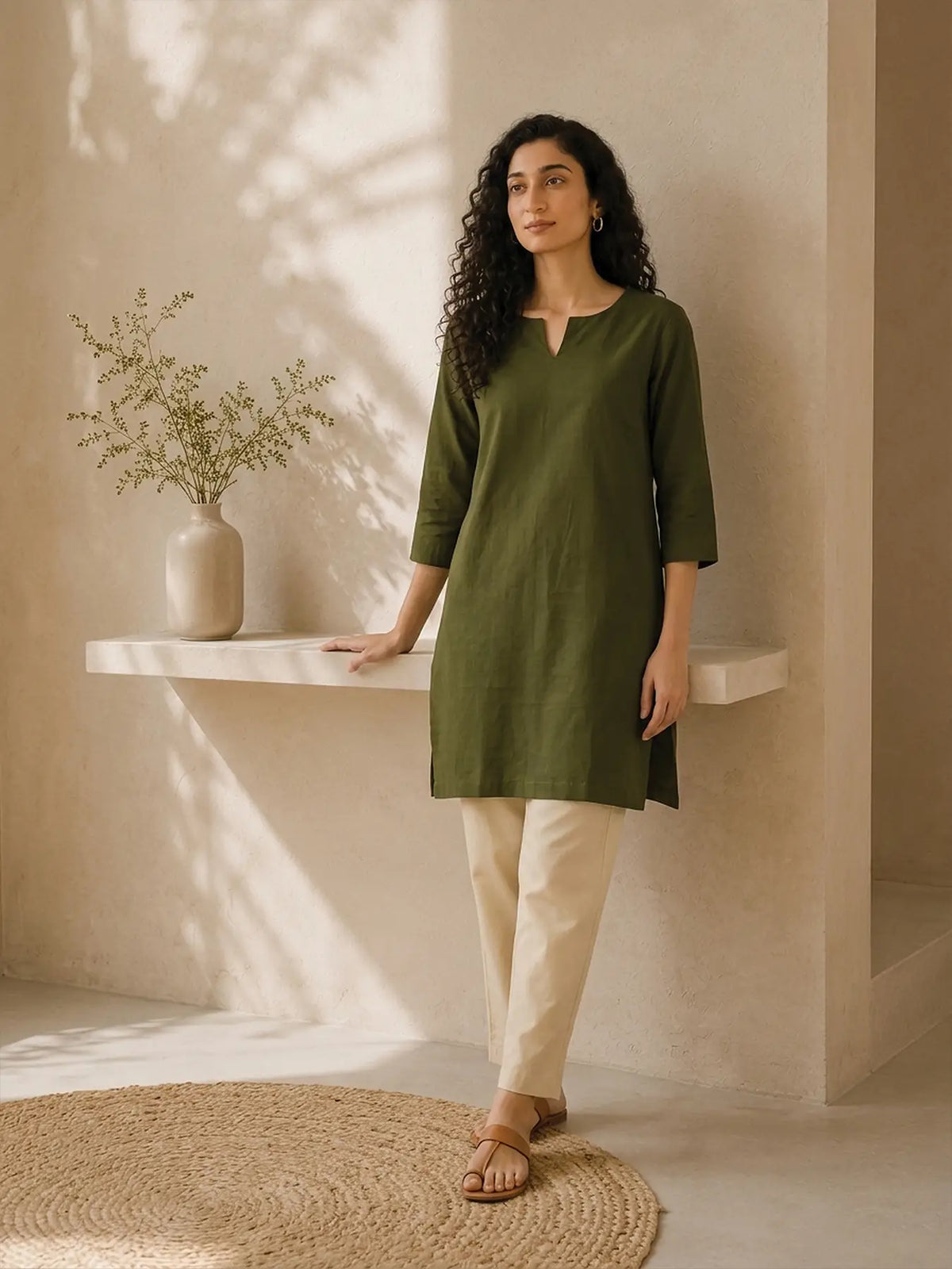 Women Olive Green Airy Linen Mid Thigh Length Kurta
