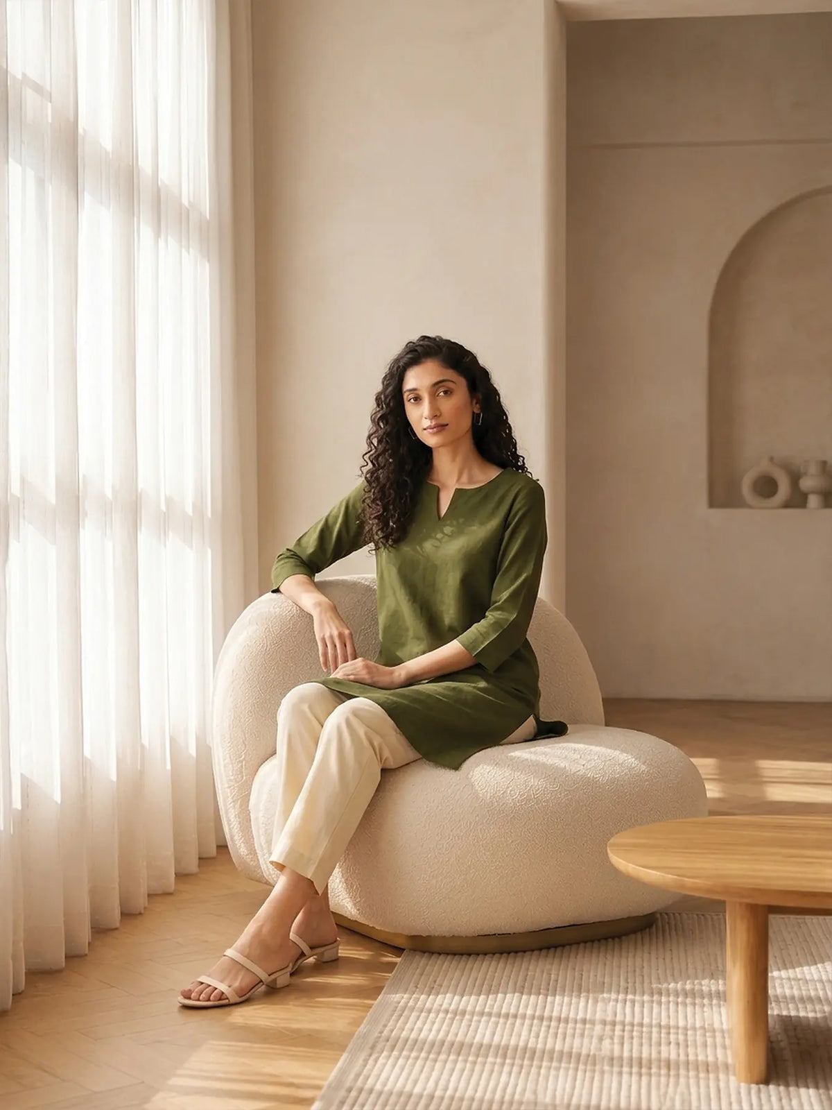 Women Olive Green Airy Linen Mid Thigh Length Kurta