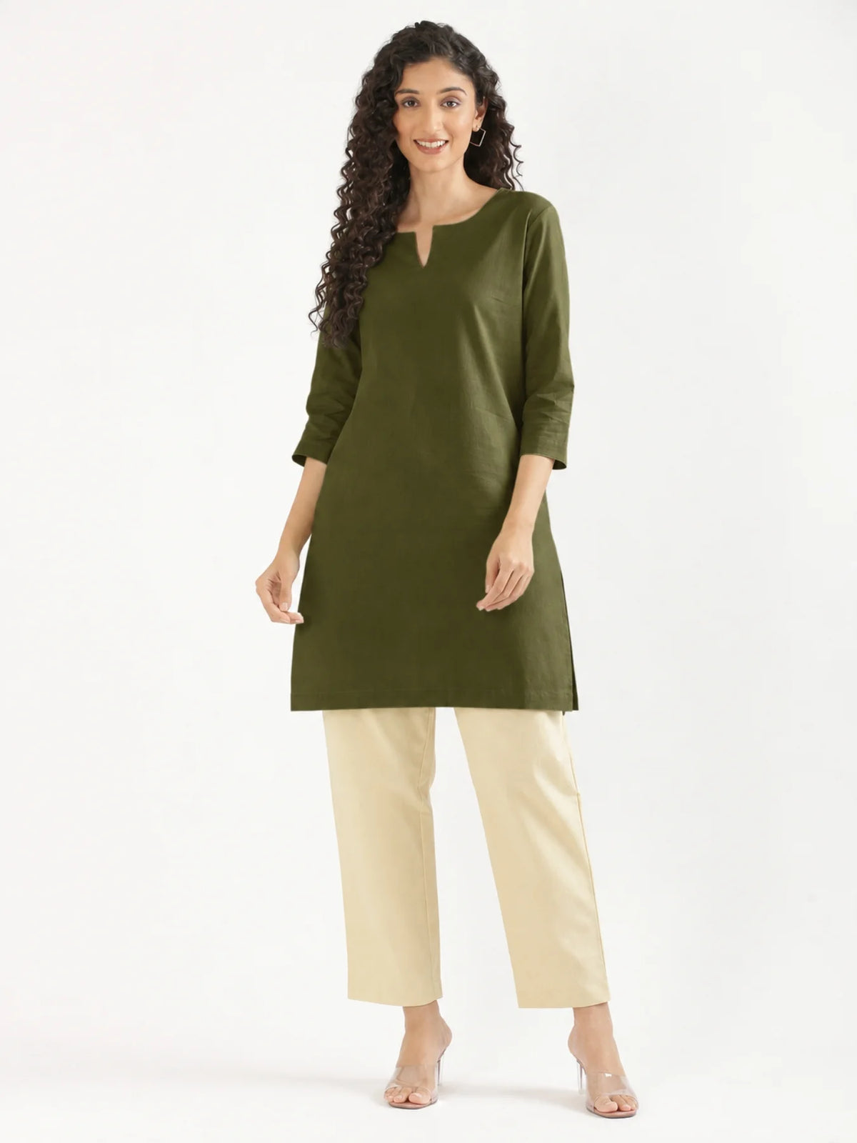 Women Olive Green Airy Linen Mid Thigh Length Kurta