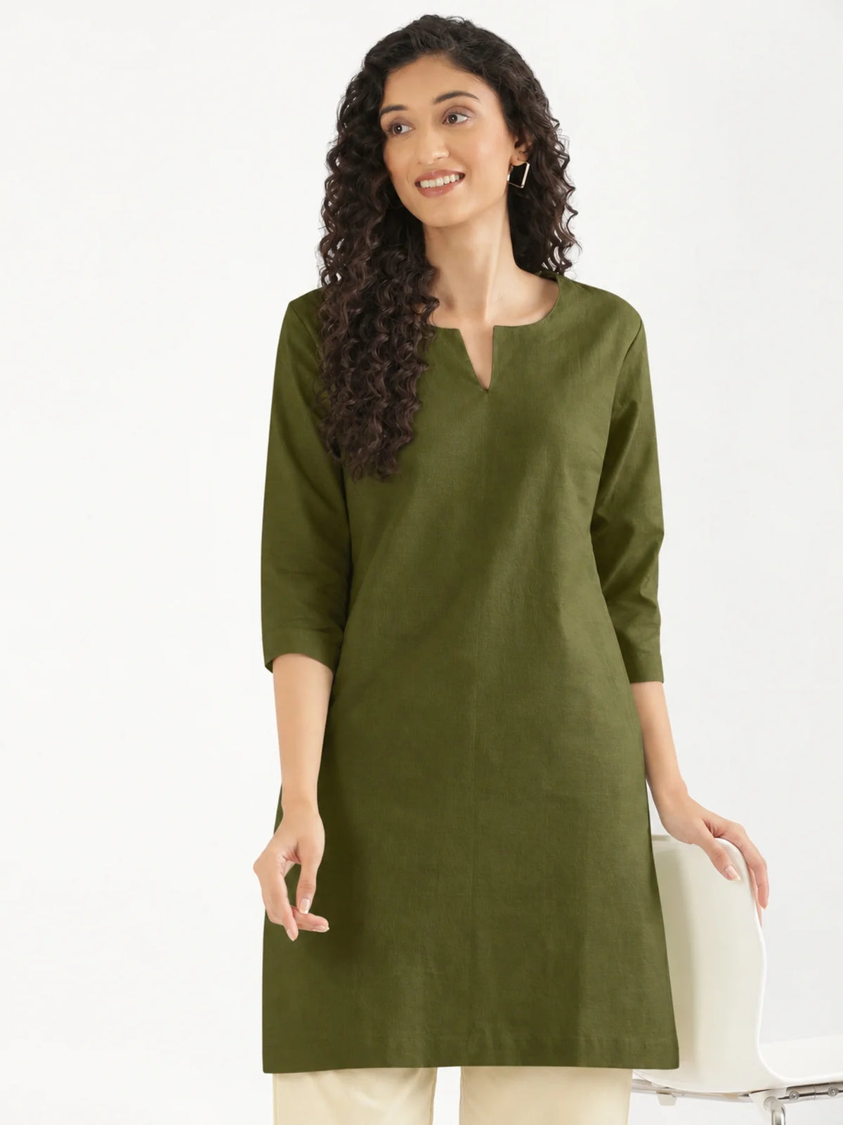 Women Olive Green Airy Linen Mid Thigh Length Kurta
