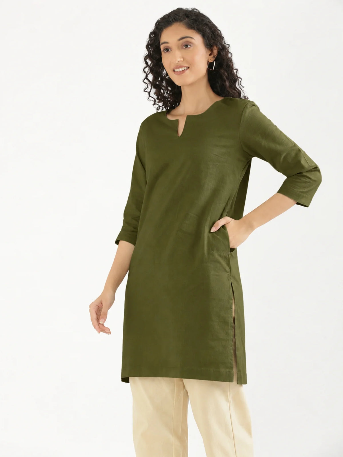 Women Olive Green Airy Linen Mid Thigh Length Kurta