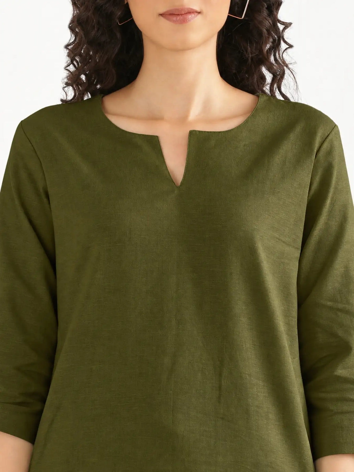 Women Olive Green Airy Linen Mid Thigh Length Kurta