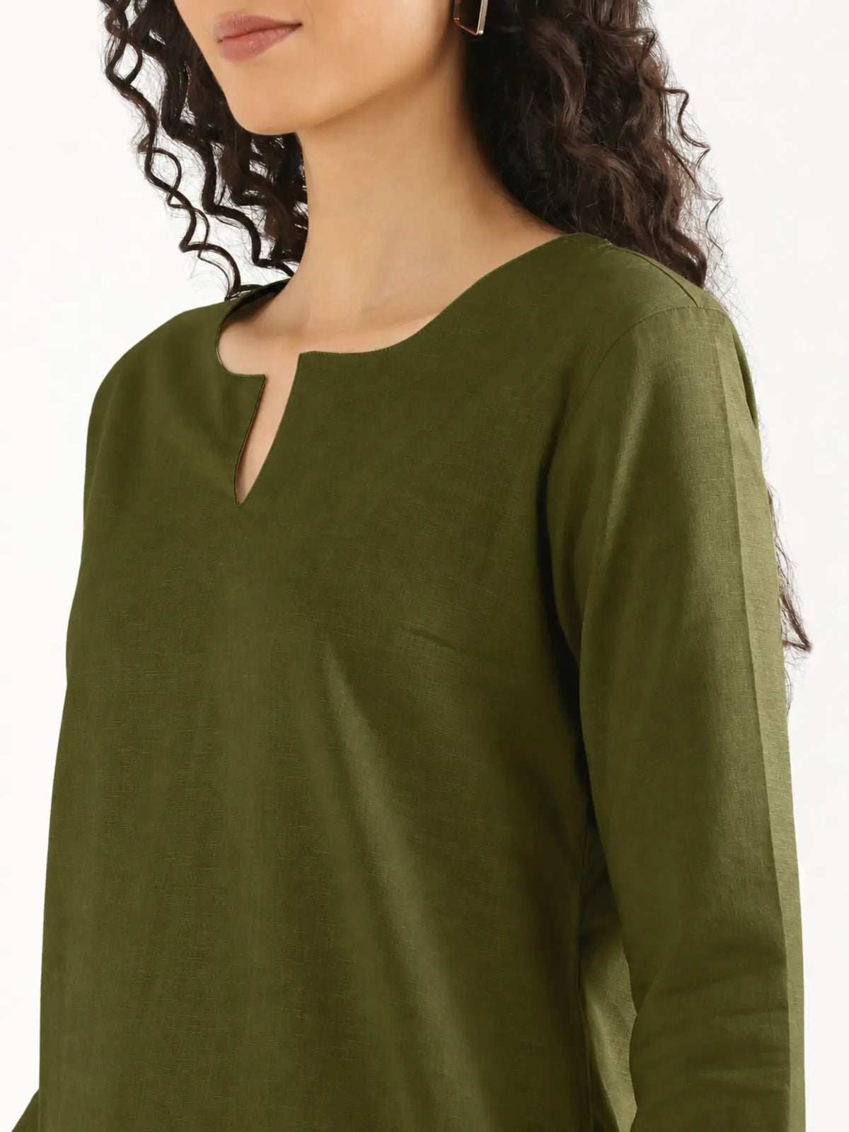Women Olive Green Airy Linen Mid Thigh Length Kurta