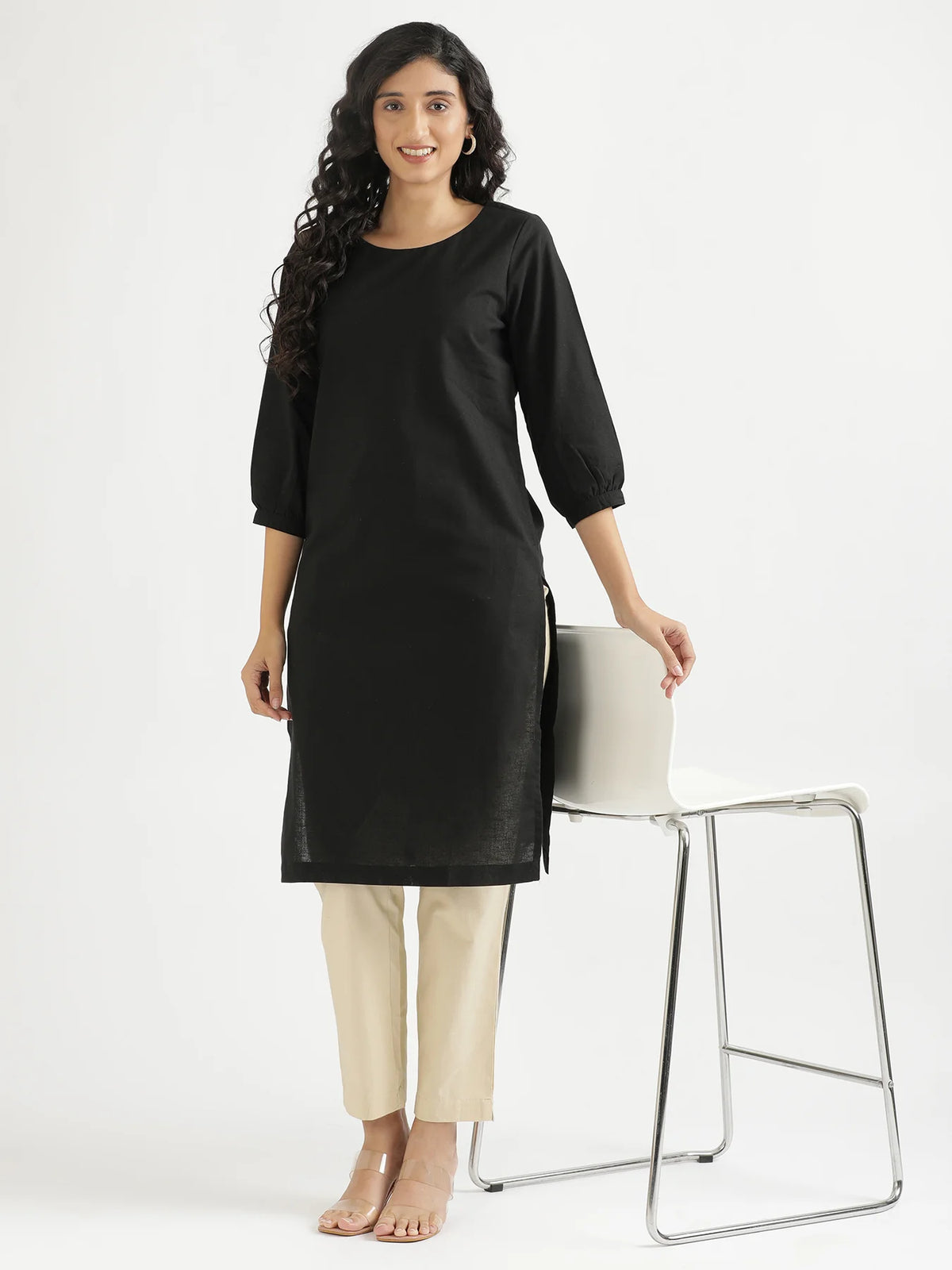 Women Black Airy Linen Puff Sleeve Long Kurta