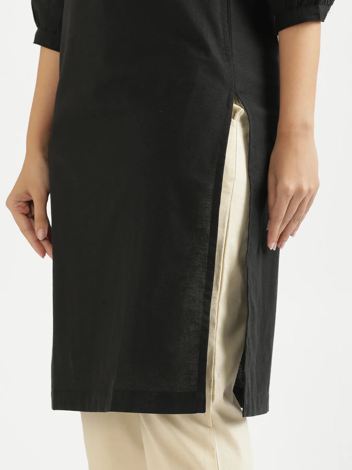 Women Black Airy Linen Puff Sleeve Long Kurta