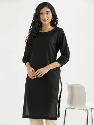 Women Black Airy Linen Puff Sleeve Long Kurta