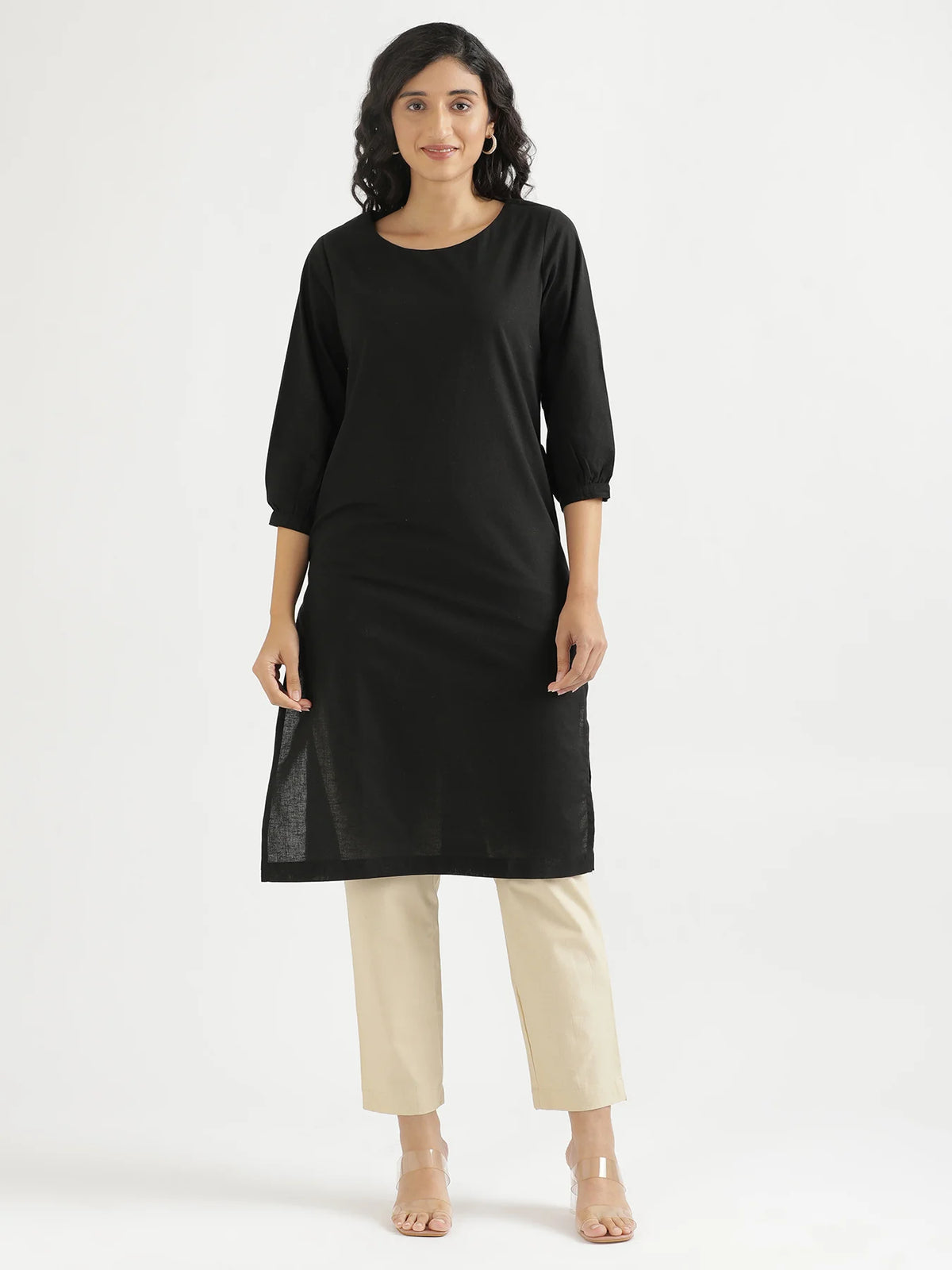 Women Black Airy Linen Puff Sleeve Long Kurta