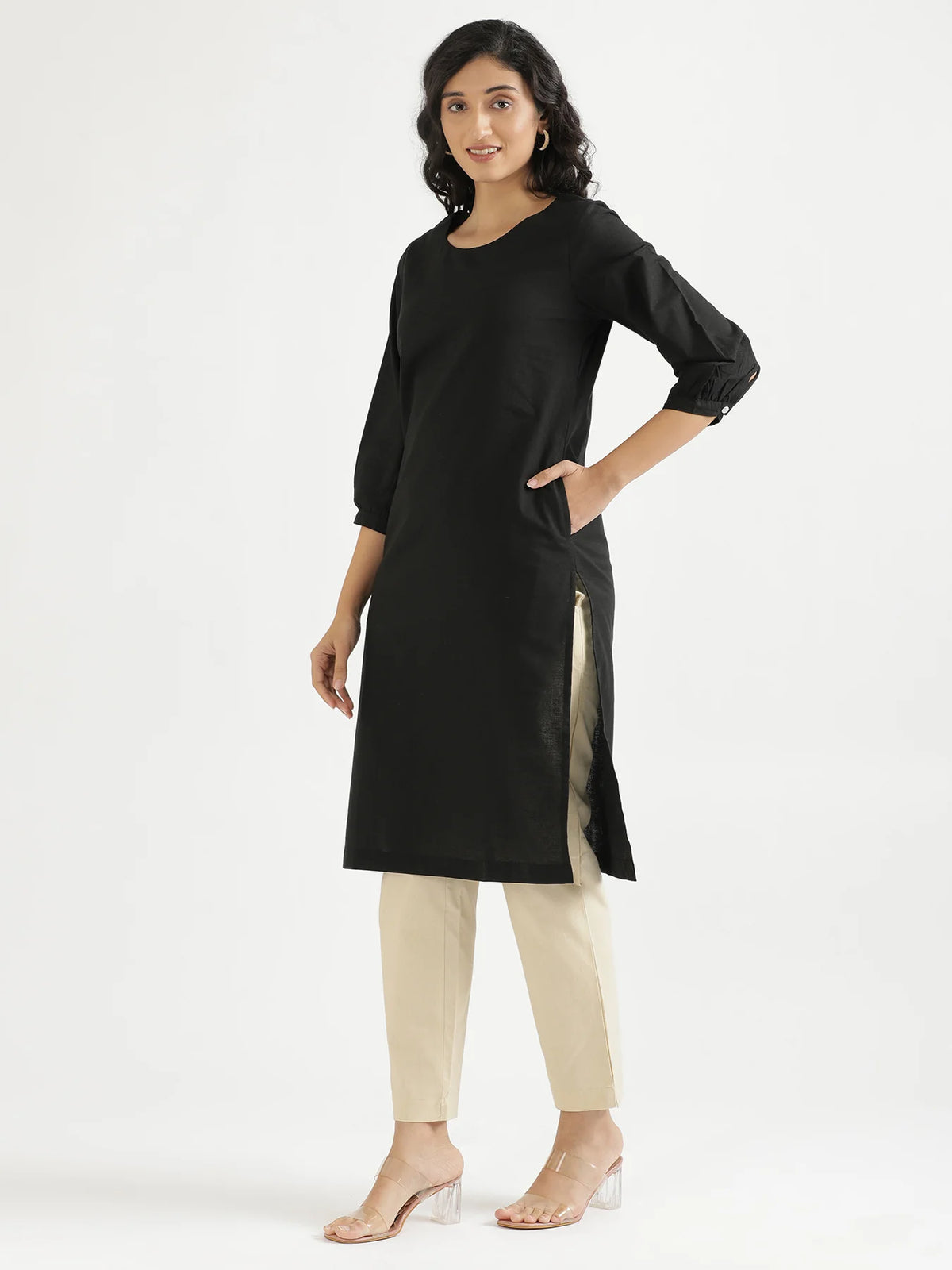 Women Black Airy Linen Puff Sleeve Long Kurta