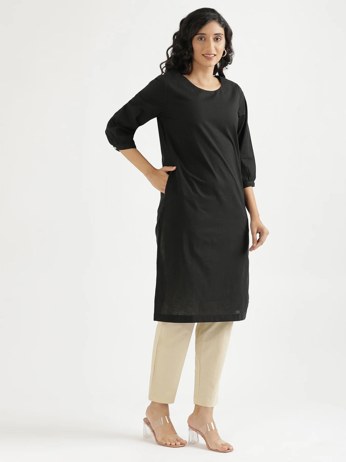 Women Black Airy Linen Puff Sleeve Long Kurta