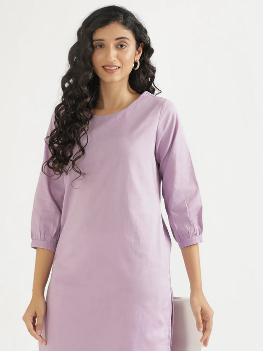 Women Lilac Airy Linen Puff Sleeve Long Kurta
