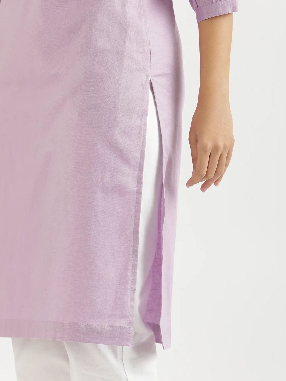 Women Lilac Airy Linen Puff Sleeve Long Kurta