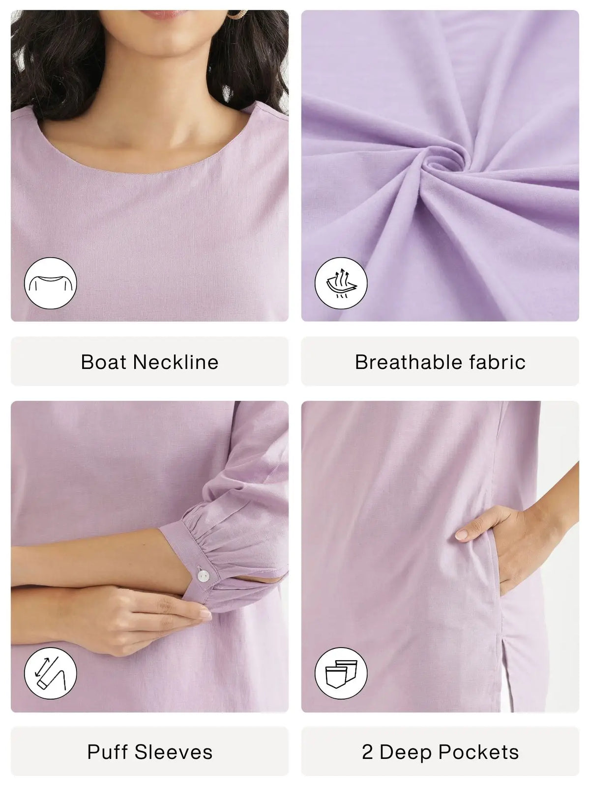 Women Lilac Airy Linen Puff Sleeve Long Kurta