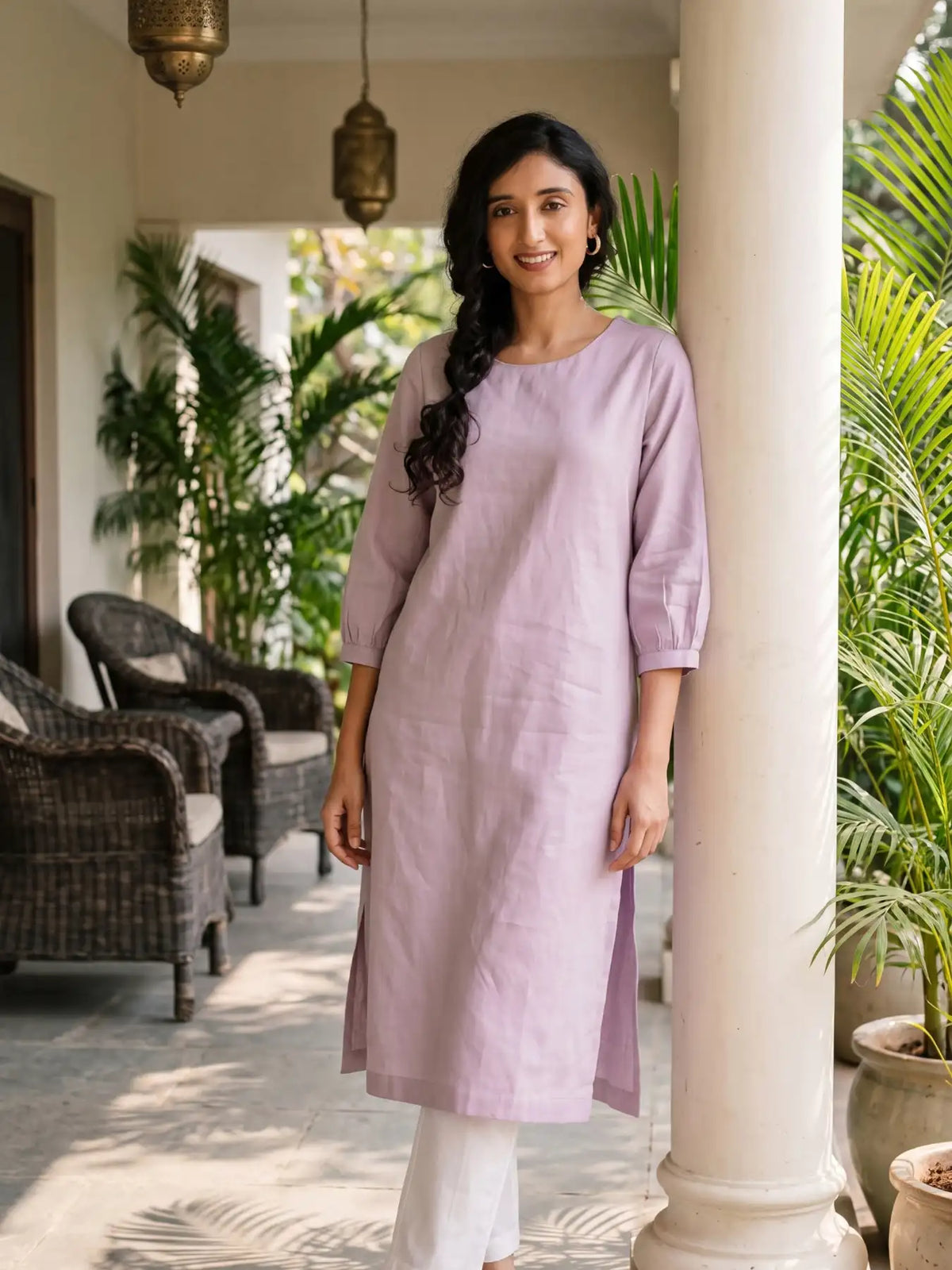 Women Lilac Airy Linen Puff Sleeve Long Kurta