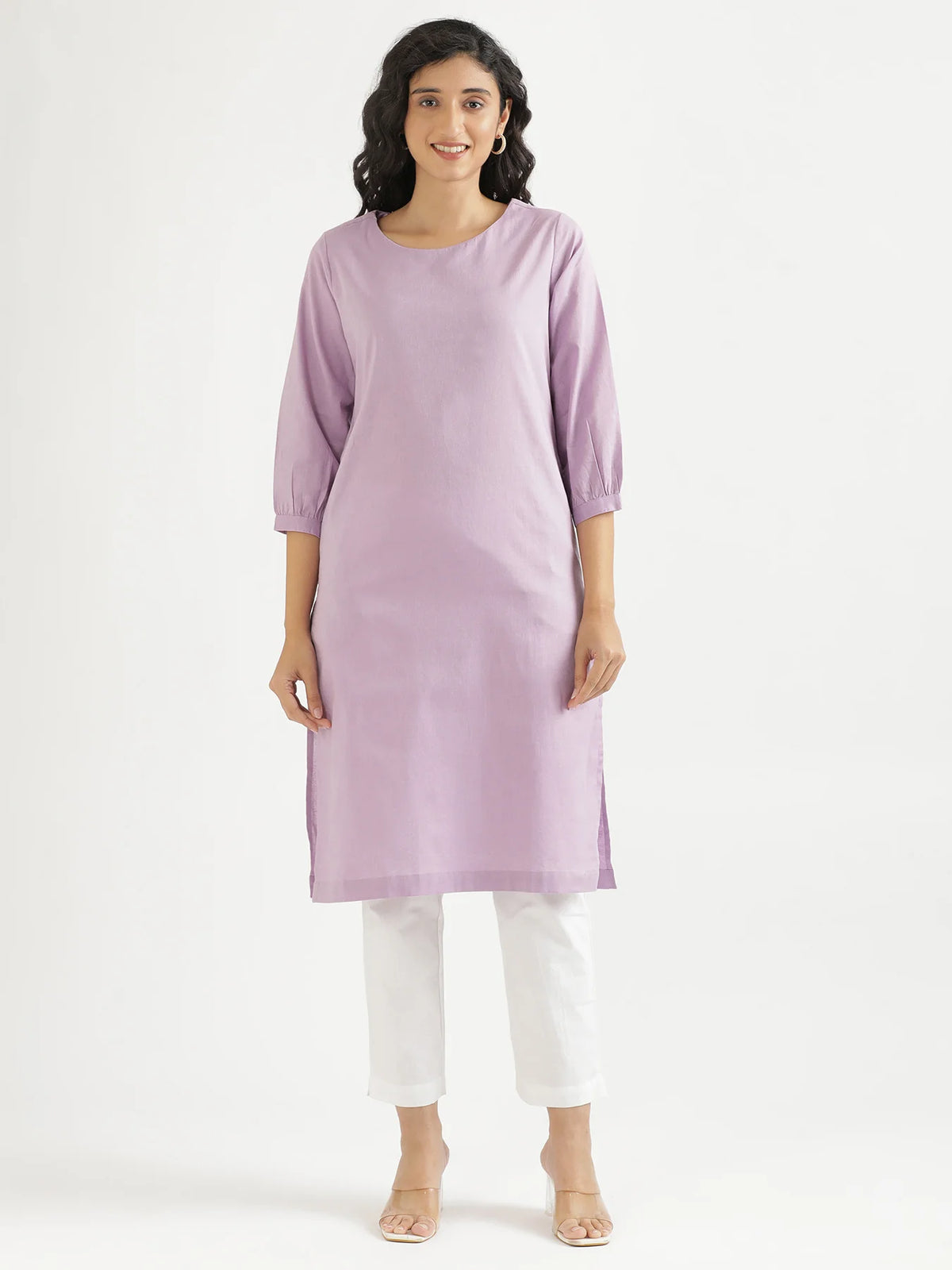 Women Lilac Airy Linen Puff Sleeve Long Kurta