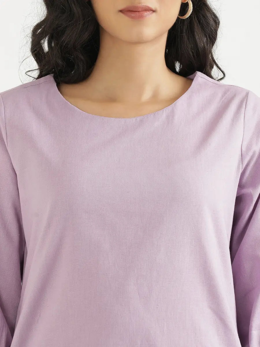 Women Lilac Airy Linen Puff Sleeve Long Kurta