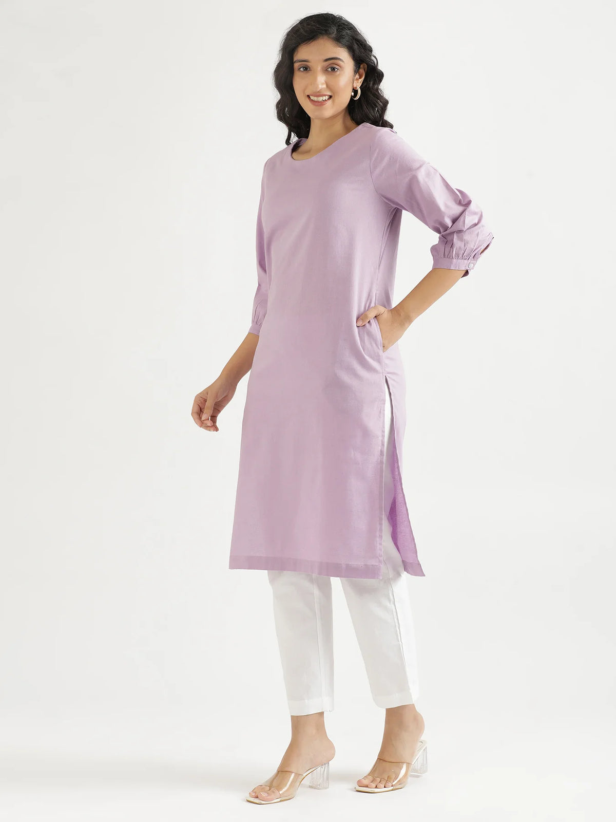 Women Lilac Airy Linen Puff Sleeve Long Kurta