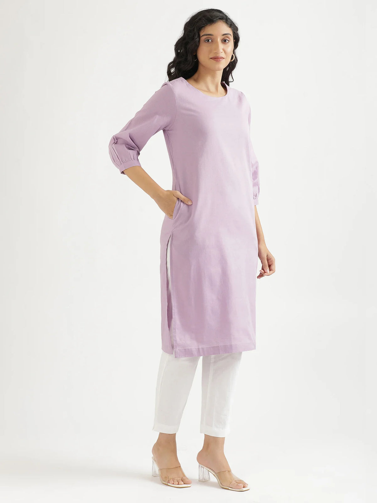 Women Lilac Airy Linen Puff Sleeve Long Kurta