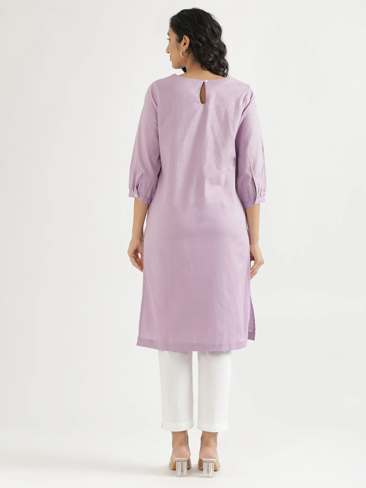 Women Lilac Airy Linen Puff Sleeve Long Kurta