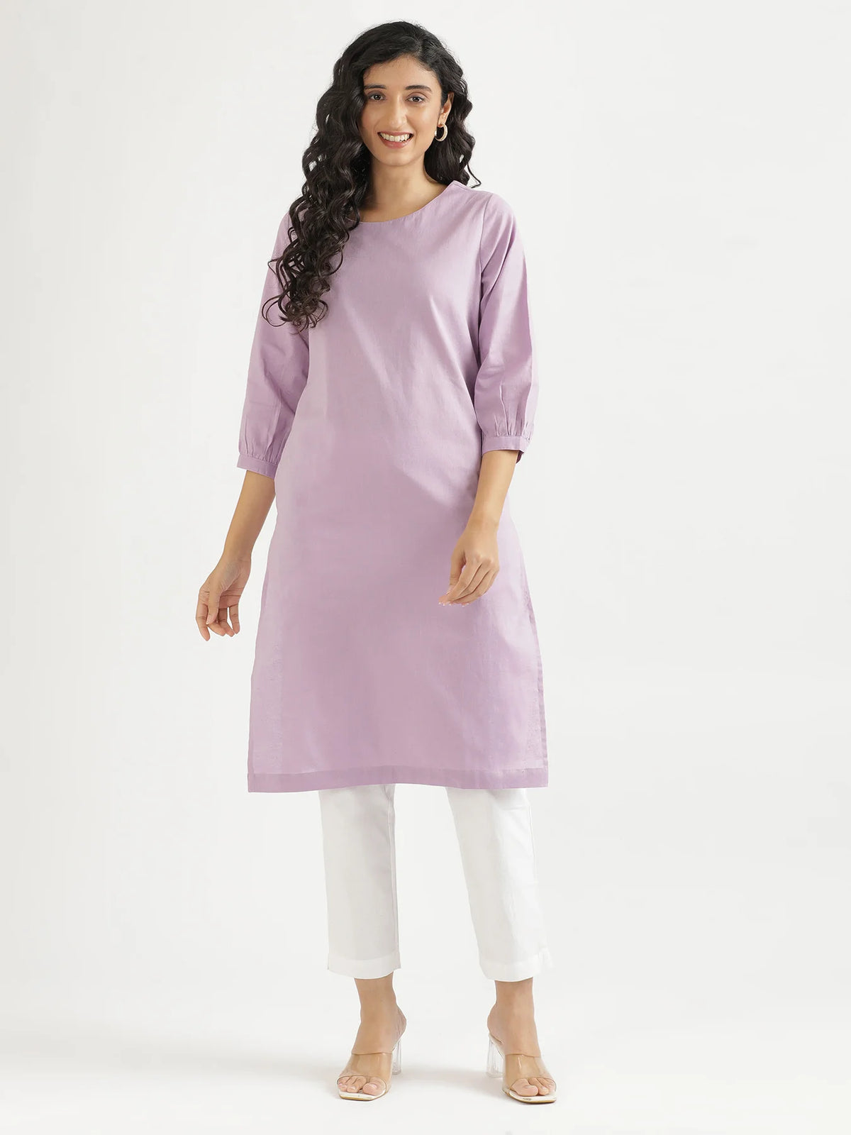 Women Lilac Airy Linen Puff Sleeve Long Kurta