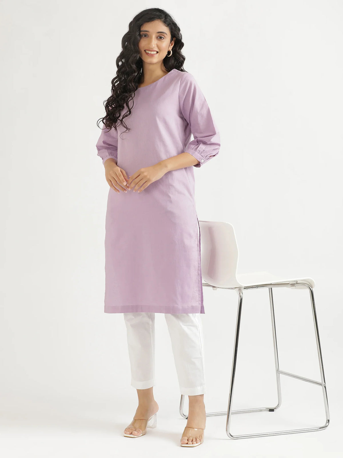 Women Lilac Airy Linen Puff Sleeve Long Kurta