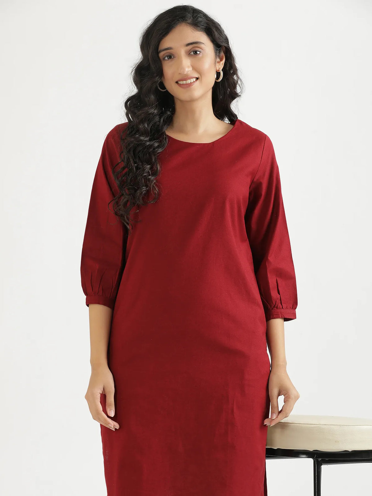 Women Maroon Airy Linen Puff Sleeve Long Kurta