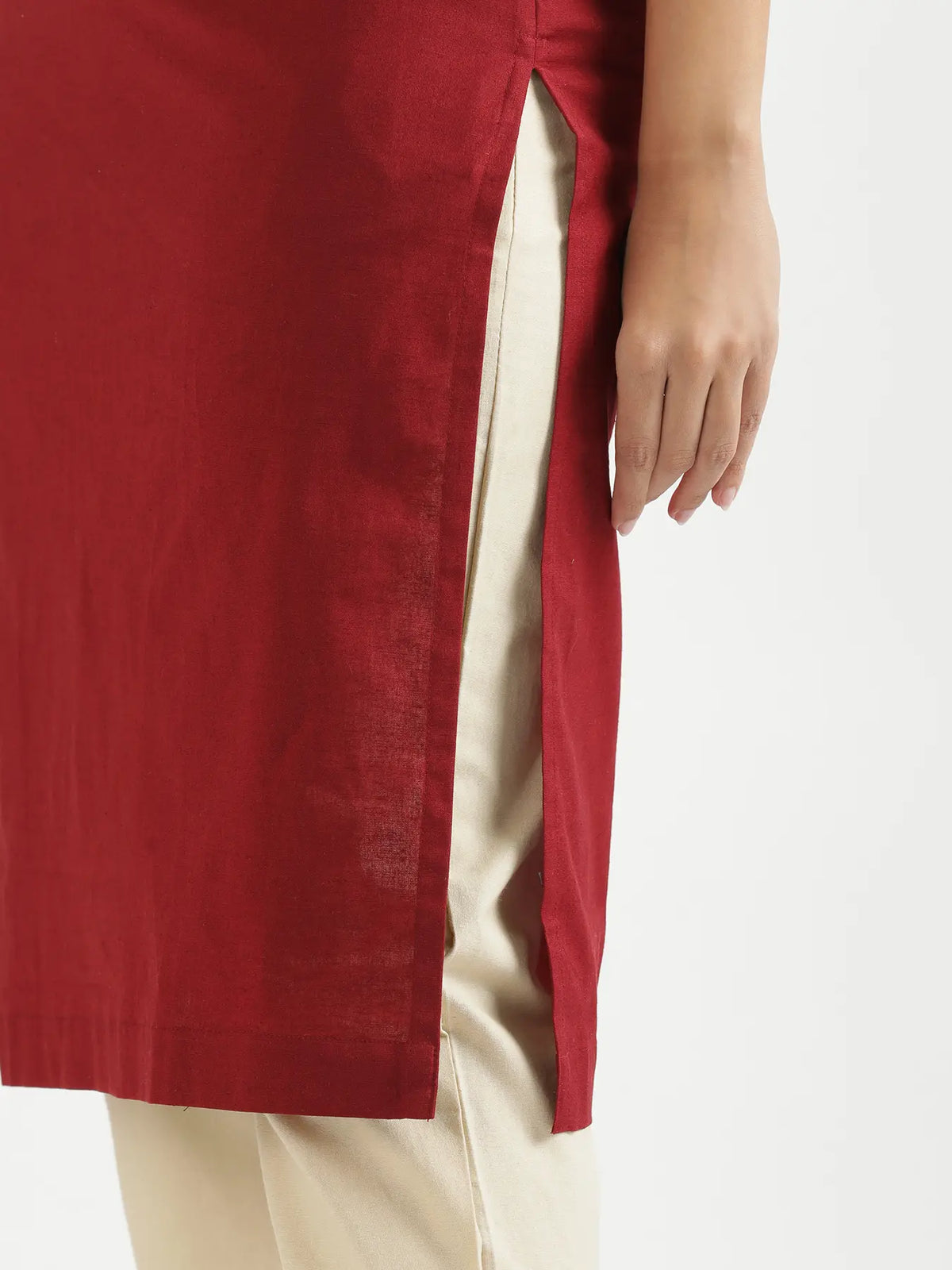 Women Maroon Airy Linen Puff Sleeve Long Kurta