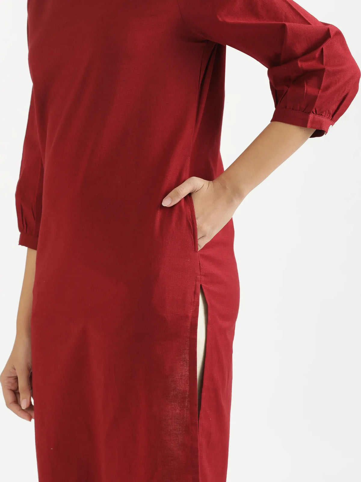 Women Maroon Airy Linen Puff Sleeve Long Kurta