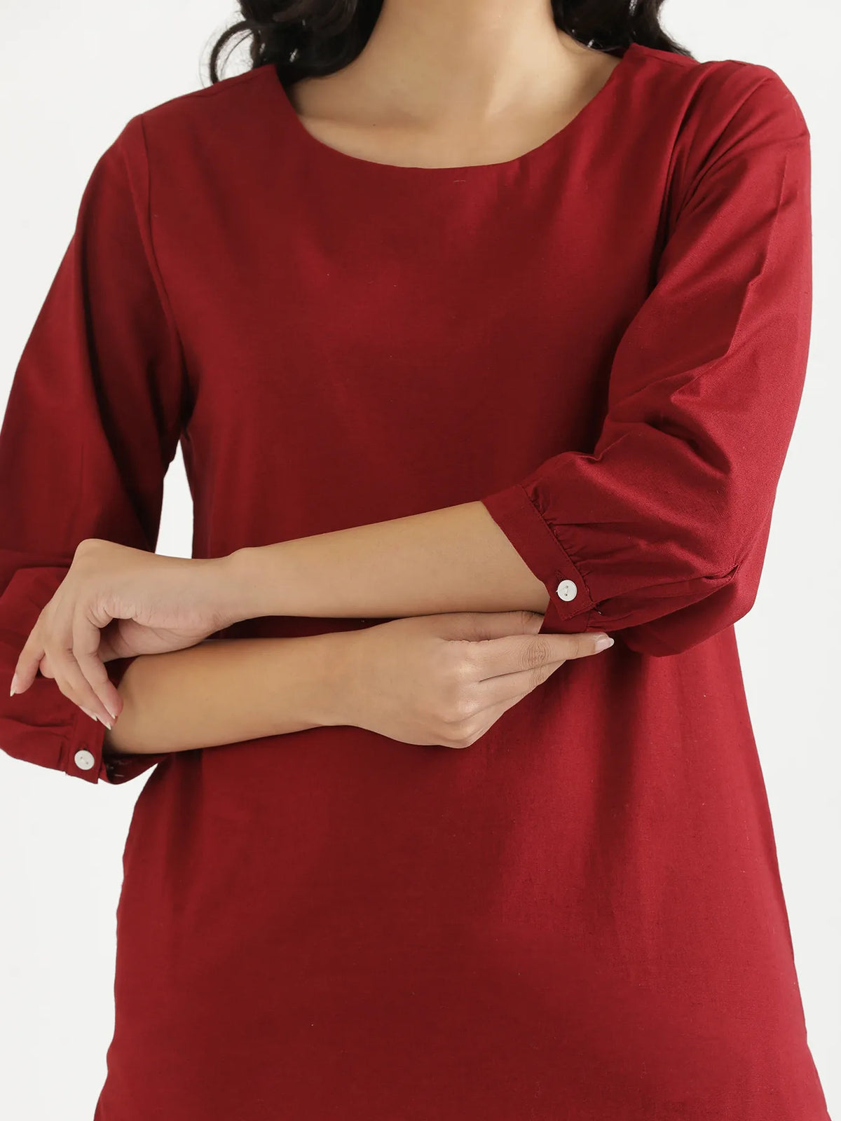 Women Maroon Airy Linen Puff Sleeve Long Kurta