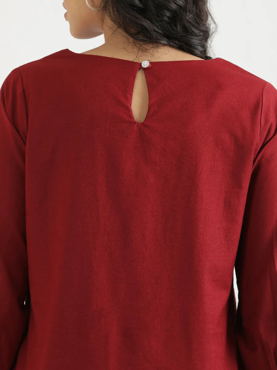 Women Maroon Airy Linen Puff Sleeve Long Kurta